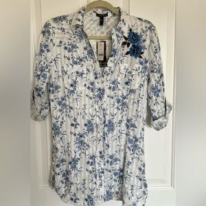 NWT FANG Chic Western Style Shirt w Blue Floral Embroidery